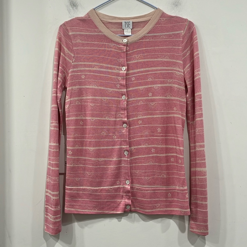 TSE Silk Cashmere Floral Striped Buttoned Pink Cream Cardigan size S